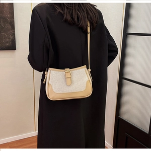 Detail of canvas underarm bag with contrast leather trim and golden metal buckle