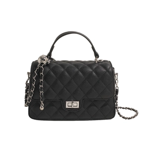Classic black quilted crossbody bag with silver twist lock and chain strap for women