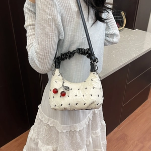 White pleated cloud dumpling bag with rabbit pattern and cherry charm for women