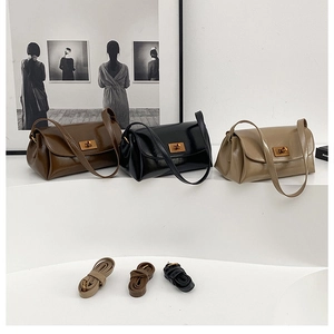 Chic leather shoulder bags in brown, black, and khaki with adjustable straps