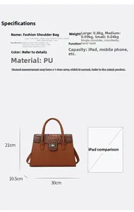 Detailed size specifications for the vintage brown PU leather handbag with iPad comparison