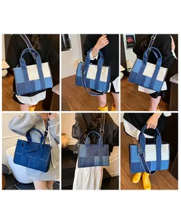 Detailed views of multi-color patchwork denim tote bag with adjustable shoulder strap