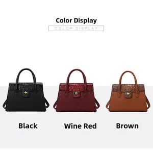 Three-color display of crocodile texture tote bags in black, burgundy and brown leather