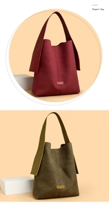 Detail view of burgundy and olive green suede hobo bags with side pocket design