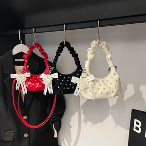 Women Pleated Cloud Handbag PU Patent Leather Rhinestone Lace Bow Artificial Pearl Heart Pendant Crossbody Shoulder Bag