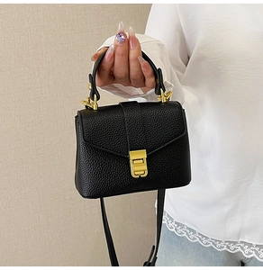 Detail of black lychee grain leather handbag with gold metal clasp and top handle