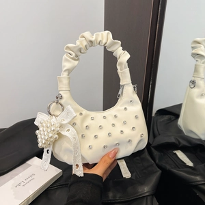 White crescent cloud bag with ruffles, rhinestones and pearl bow charms for women