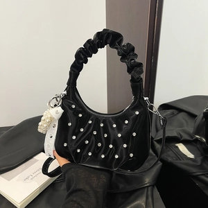 Fashionable black ruched cloud bag with rhinestone handle and pearl lace pendant