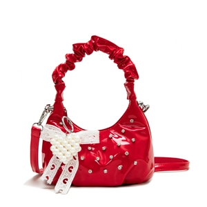 Red patent leather cloud handbag with sparkling rhinestones and pearl heart lace bow