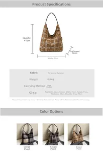 Detailed size specifications for the plaid wool tote bag with PU straps in three patterns