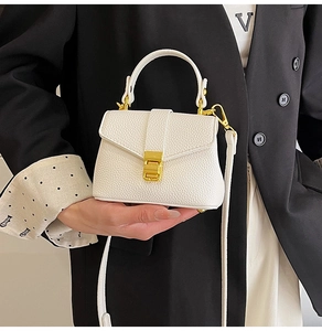 Detail of white lychee leather mini bag with vintage gold metal clasp and top handle