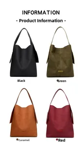 Collection of minimalist tote bags in black, green, caramel, and red colors