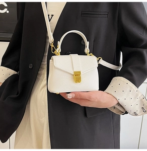 Close-up of mini white litchi pattern bag with gold hardware and curved top handle