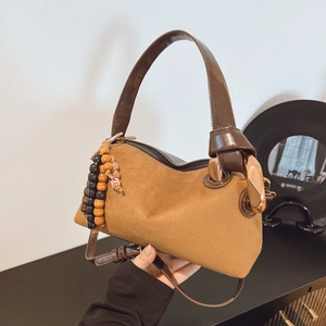 Brown frosted Boston shoulder bag with vintage wooden beads and golden ring hardware detail
