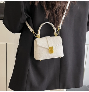 Close-up of white lychee leather texture and gold twist lock on mini crossbody bag