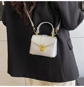 Detail of silver lychee leather mini bag with gold hardware worn by a model