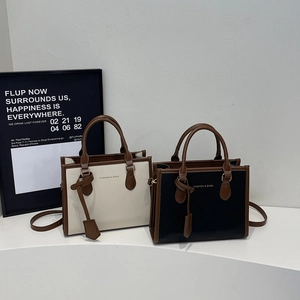 PU Leather Tote Handbags For Women Contrast Color Lychee Texture Shoulder Crossbody Bag Trendy Commuter Retro Style