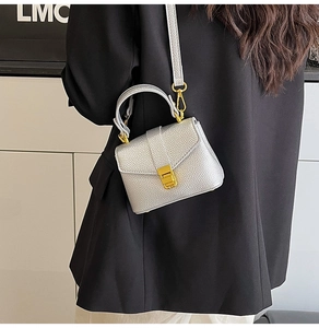 Detail of silver lychee texture handbag with gold clasp and elegant top handle