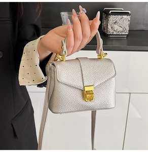 Detail view of silver lychee texture bag with golden buckle and metallic components