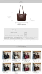 Detailed size specifications and material chart for the fashion PU leather tote bag
