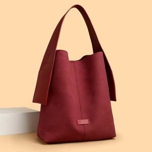 Retro burgundy large capacity shoulder tote bag in matte suede with wide leather strap