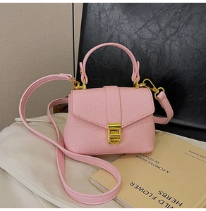 Detail of pink lychee leather texture and golden metal buckle on fashion handbag