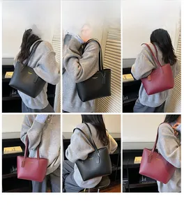 Collage of black and wine red leather tote bags showing various carrying styles and angles