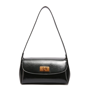 Retro black glossy leather crossbody square bag with a vintage gold rectangle twist lock