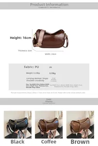 Detailed size chart and multi-color view of women retro half-moon crossbody bag in PU leather