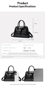 Detailed size guide for black faux crocodile leather handbag with internal pocket specs