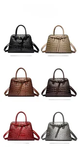 Detailed grid showing crocodile pattern embossed handbags in six diverse color options