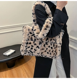 Close-up of high-quality leopard print plush tote bag showing soft faux fur texture