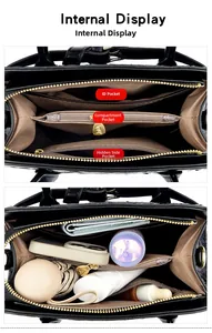 Internal view of the black tote bag with multiple compartments for organized storage