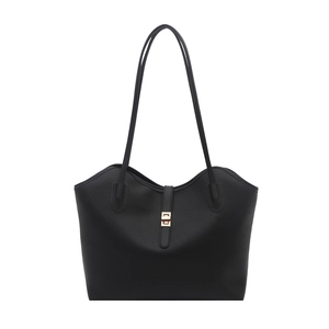 Classic black lychee pattern leather tote bag with gold metal clasp for elegant daily use