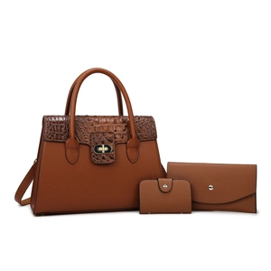 Ensemble de 3 sacs à main marron avec motif crocodile et fermoir doré rotatif