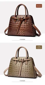 Detail of brown and khaki crocodile texture PU leather tote bags with metal buckles