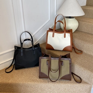 Large Capacity Tote Bag Canvas PU Leather Patchwork Color Block Shoulder Crossbody Handbag For Women Retro Urban Commute