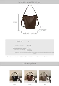 Detailed size chart and multi-color options for the minimalist PU leather bucket bag
