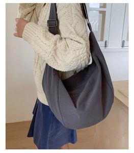 Detail of a charcoal grey canvas hobo bag showing texture and adjustable strap length