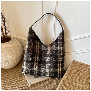 Vintage checkered teddy fleece tote bag for women with dark leather shoulder strap