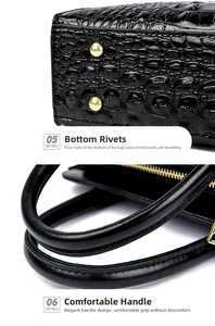Detail of crocodile pattern tote bag showing gold sphere studs and ergonomic handles
