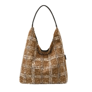 Vintage 2025 checkered faux lamb wool hobo bag with brown and cream tweed pattern