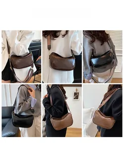 Three colors of retro crescent bags with wide patterned straps shown on model