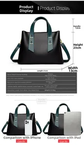 Detailed size comparison of large black tote bag with phone and tablet dimensions