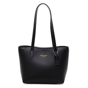 Large black pebbled leather tote bag with gold logo lettering and long shoulder straps