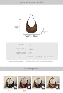 Tableau des dimensions et vue multicolore du grand sac hobo en cuir PU pour femmes