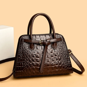 Retro dark brown crocodile pattern tote bag with golden buckle and adjustable strap