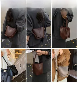 Three leather bucket bags in dark brown, black and light grey shown in lifestyle outfits