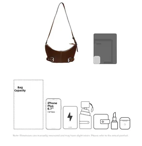 Detailed view of brown suede half-moon bag capacity with phone and daily essentials