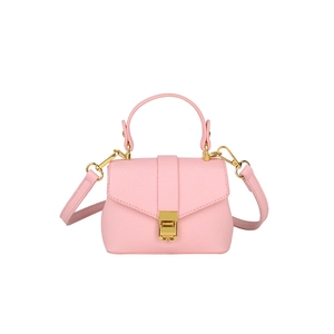 Chic pink mini leather handbag with lychee texture and gold buckle in front view